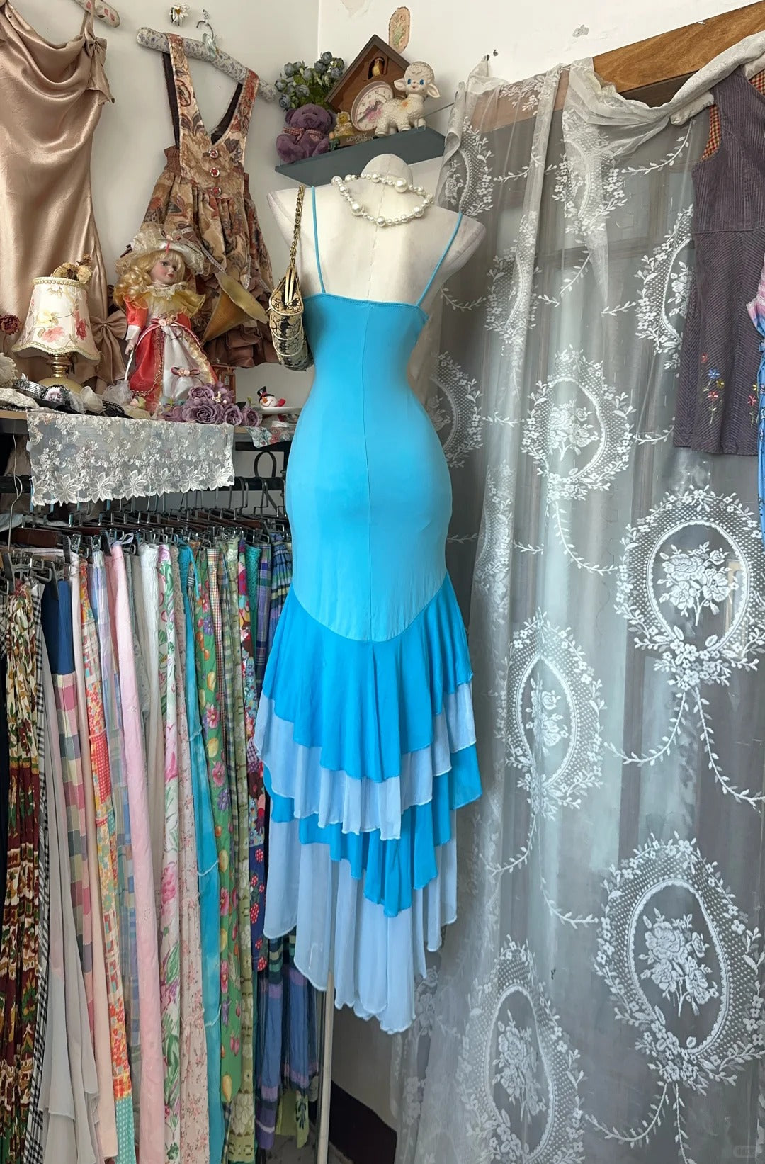 Robe de bal vintage sirène à fines bretelles bleues asymétriques, inspiration robe de soirée formelle N1976