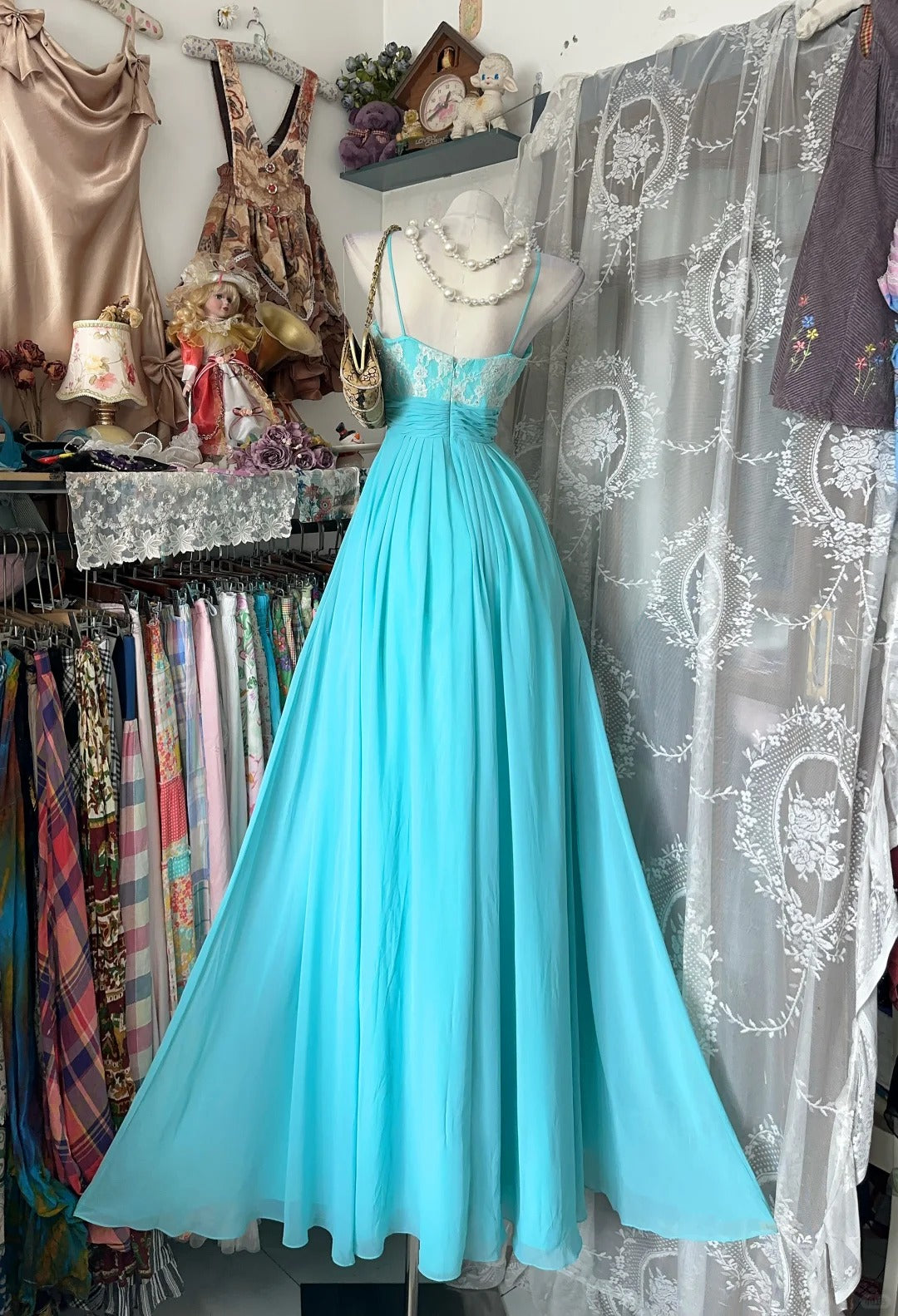 Vintage 80s Prom Dresses A line Spaghetti Straps Blue Chiffon Long 1950s Retro Classy Party Formal Outfits RB8997