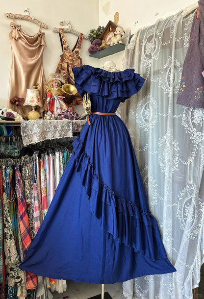 Vintage Prom Dresses A line Royal Blue With Ruffled Tiered Long 1950s Retro Classy Party Formal Outfits RB8981