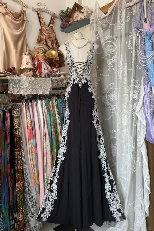 Elegant Mermaid Sweetheart Black With White Appliques Evening Gowns Formal Birthday Dress Long Prom Dresses N1709