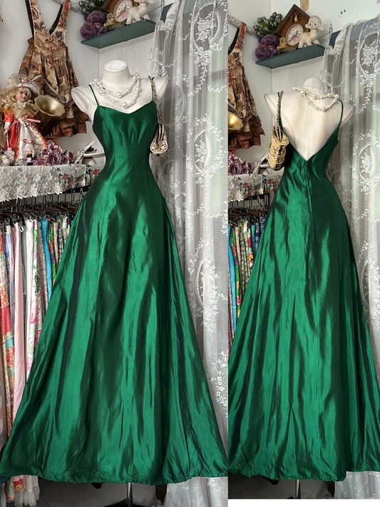 Vintage 80s Prom Dresses A line Spaghetti Straps Green Satin Long 1950s Retro Classy Party Formal Outfits RB8996
