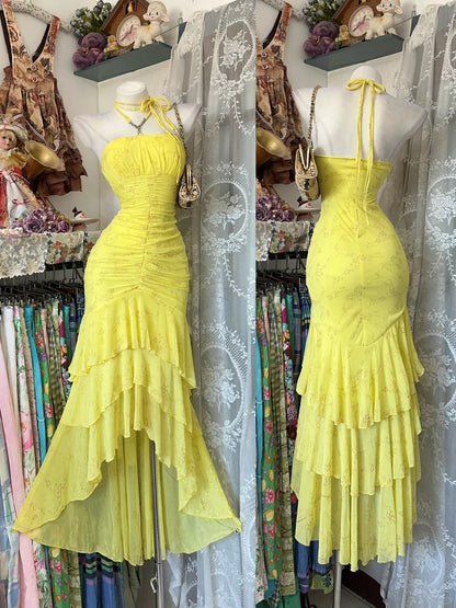 Vintage Prom Dresses Mermaid Halter High Low Yellow 1950s Retro Classy Party Formal Outfits RB8988
