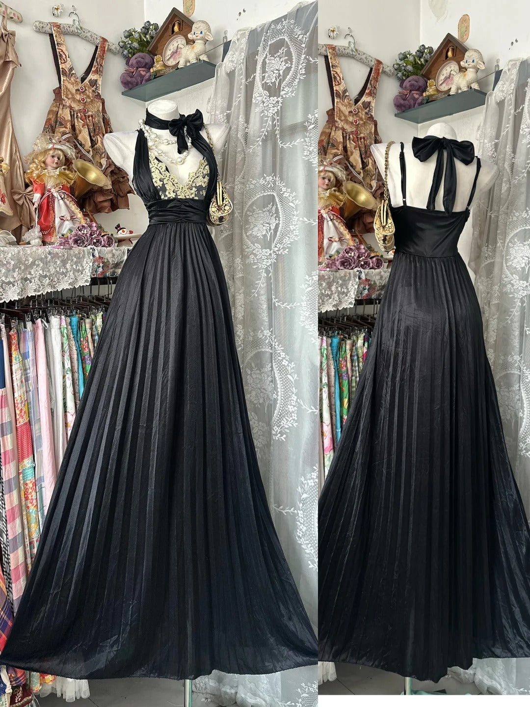 Vintage Prom Dresses A line Halter Black Tie Dress 1950s Retro Classy Party Formal Outfits RB8992