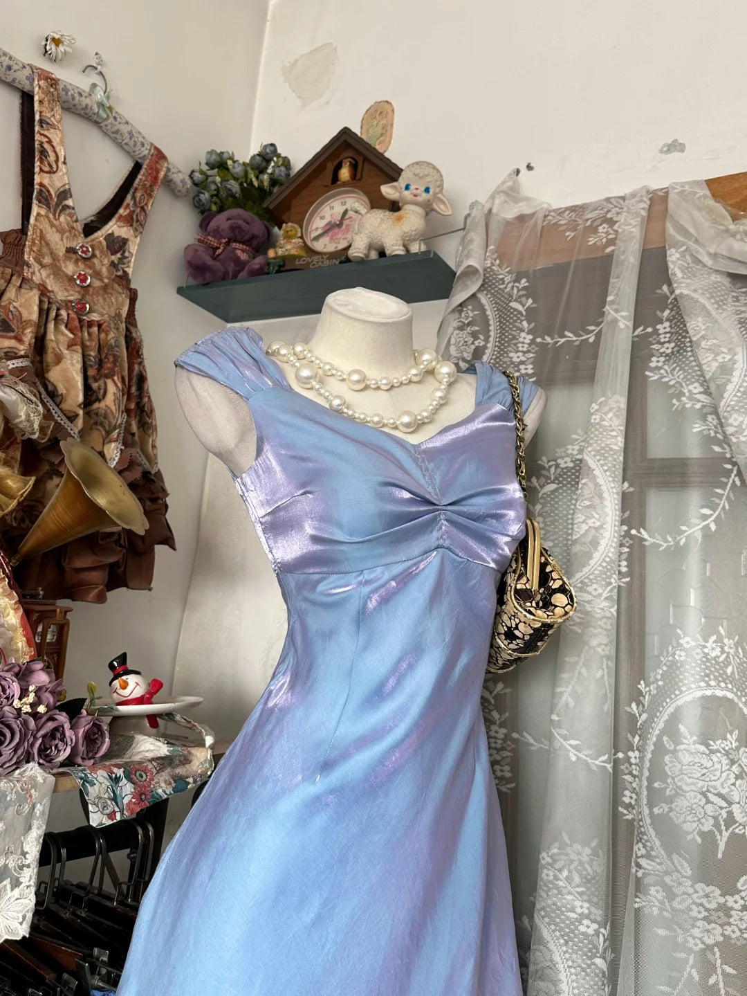 Vintage Mermaid Blue Lilac Satin Sleeveless Summer Formal For Women Girls Teens Prom Dresses N2249