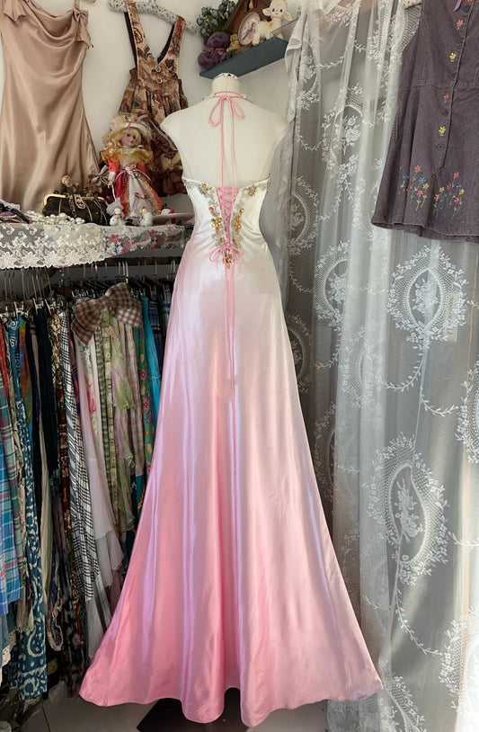 Elegantes Meerjungfrauen-Kleid mit V-Ausschnitt, rosa Ombré-Effekt und Schlitz – perfekt für College, festliche Anlässe und Sweet 16 – Langes Ballkleid für Teenager N1171