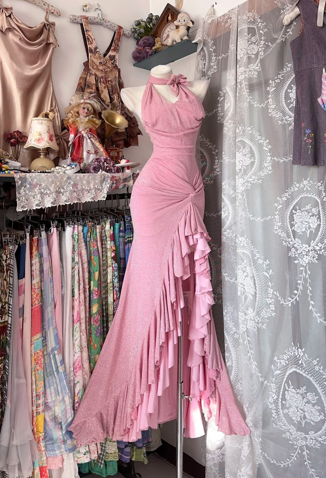 Elegant Prom Dresses Mermaid Halter Pink Sequin Sleeveless Formal Evening Outfits N3784