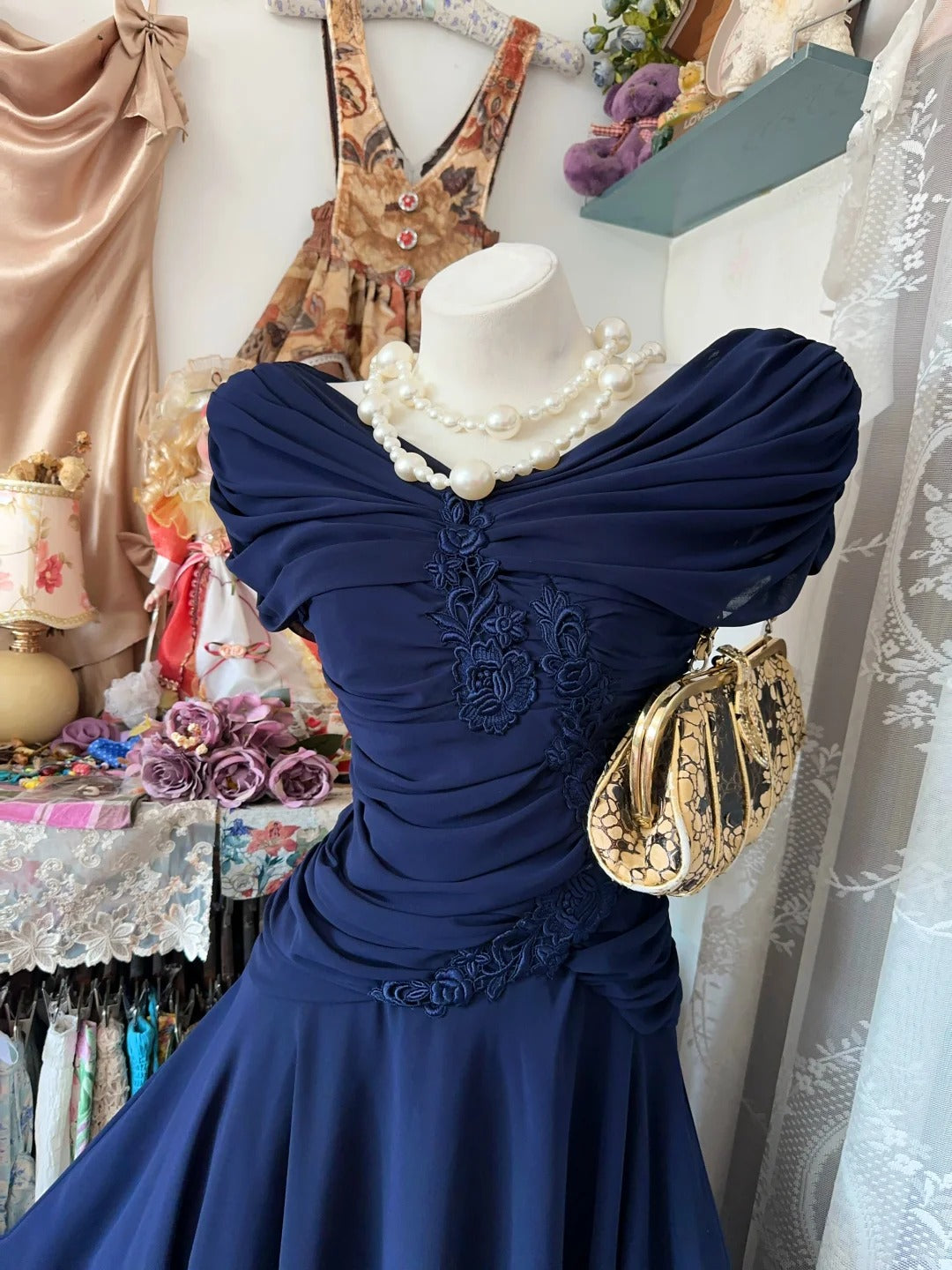 Stylish Mermaid Off The Shoulder Navy Blue Chiffon Floor Length Prom Dresses Inspo Evening Outfits RB4486