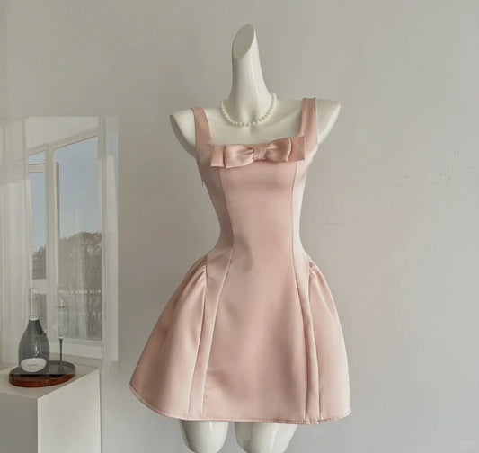 Elegant A line Square Neck Pink Satin Mini Short Cocktail Dress Homecoming Dresses Ideas Hoco Outfits RB4827