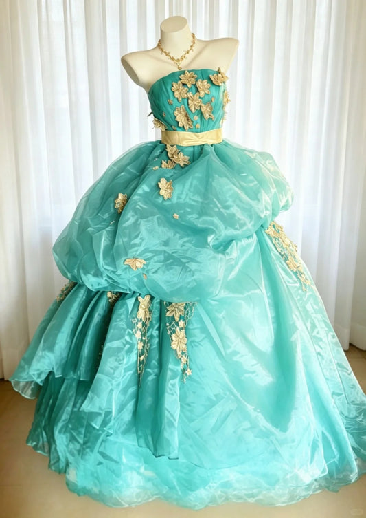 Prinzessin Ballkleid Trägerlos Blau Rüschenlagen Stufenrock Mit Goldener Spitze Sweet 16 Kleider Quinceanera Kleid N4182