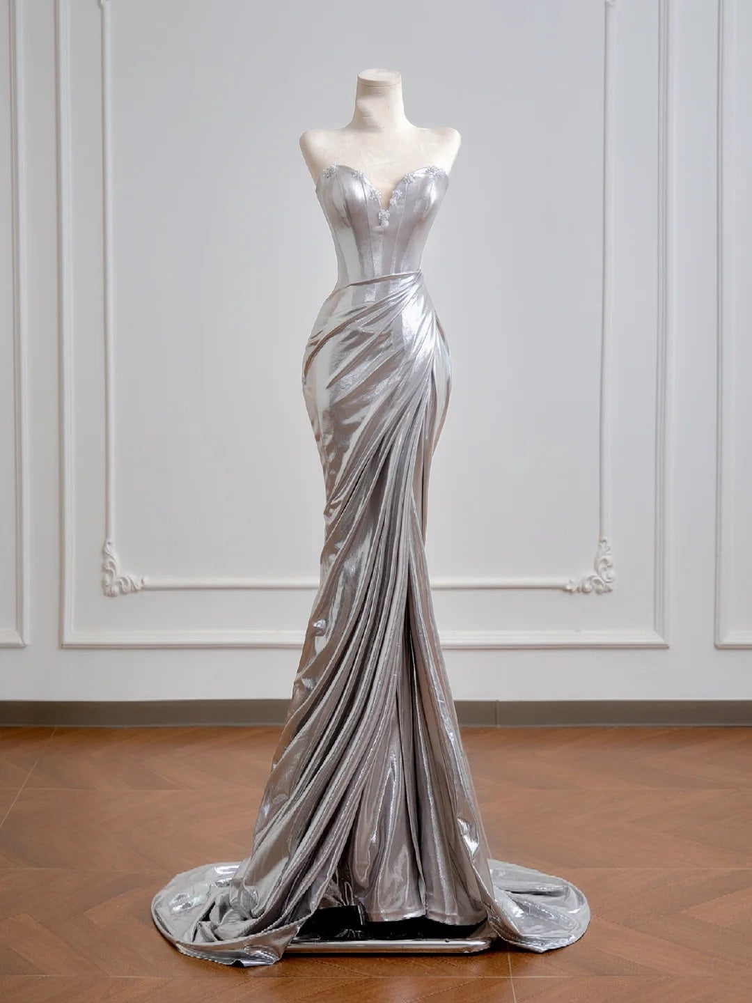 Robe de bal sirène brillante à sequins argentés en forme de cœur, longue robe de soirée formelle avec fente haute, robe de fête N345