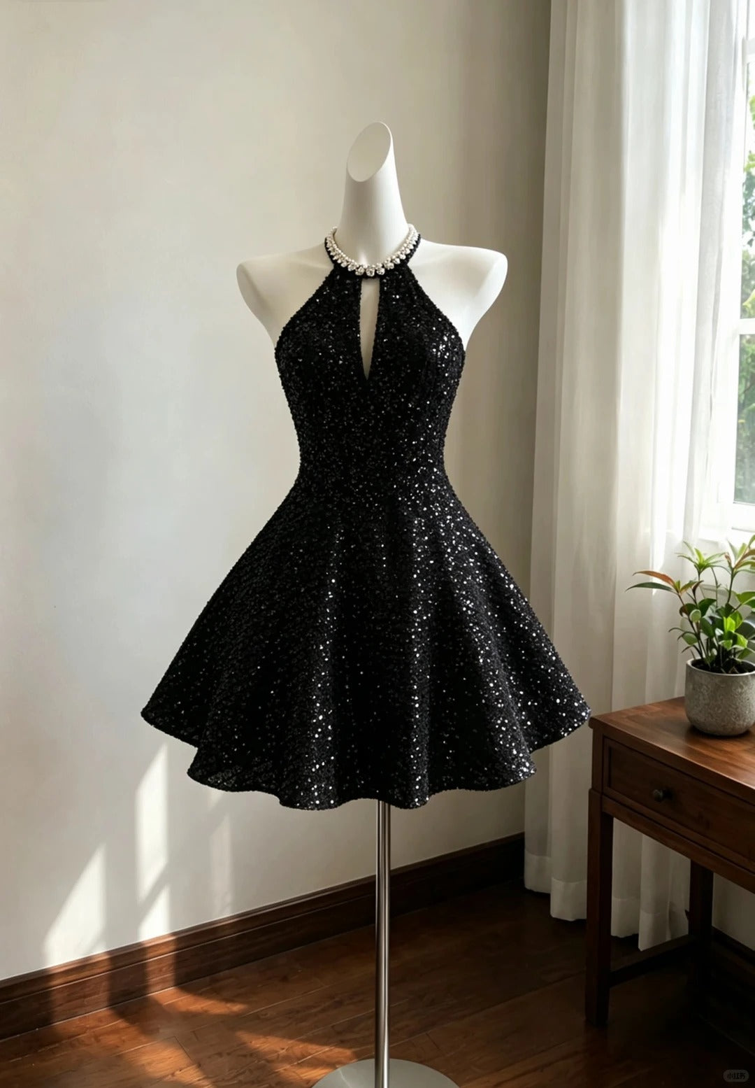 Classy A Line Halter Little Black Dress Sequin Night Short Graduation Dress Inspo Senior Homecoming Outfits RB4790