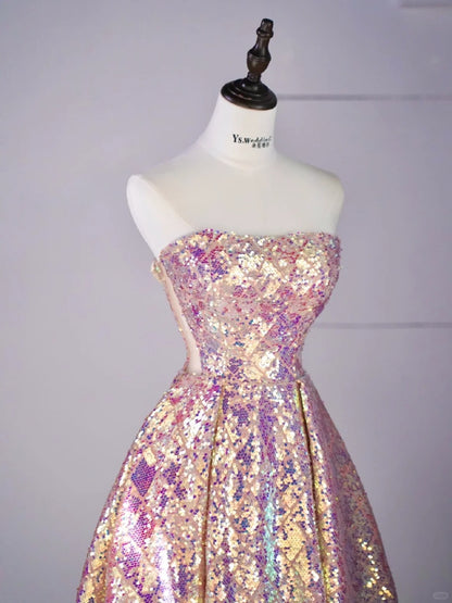 New Ball Gown Strapless Sequins Short Sleeves Long Prom Dresses For High School Teens Girls Formal Bridesmaid Dress N1072
