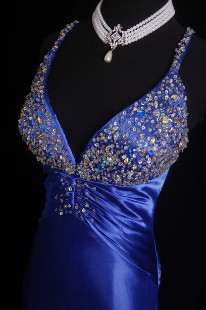 Robe de bal longue rétro sirène à fines bretelles en satin bleu roi, inspiration années 2000, tenue de soirée pour un 18e anniversaire, N497
