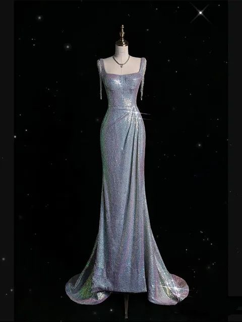 Sexy Ballkleid für Damen, eckiger Kragen, Perlenquasten, langer Reißverschluss, hoher Schlitz, Meerjungfrauen-Schnitt, Pailletten, Glitzer, formelles Abendkleid für Tanz und Party AB1711