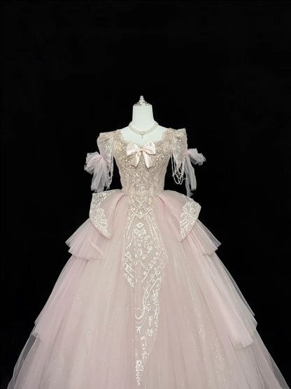 Langes Ballkleid für Sweet 16, eckiger Ausschnitt, Pink mit Spitzenapplikationen, Geburtstagskleid für Sweet Sixteen RC0325