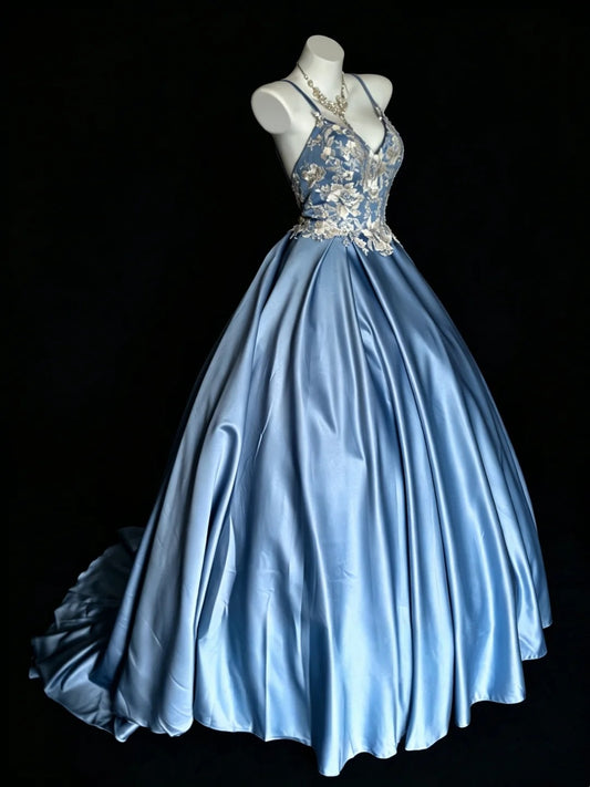 Elegantes Ballkleid, Spaghettiträger, blaues Satin-Spitzenkleid, Sweet 16 Kleider, Quinceanera-Kleid, lang, 15 Vestidos De Fiesta N4203