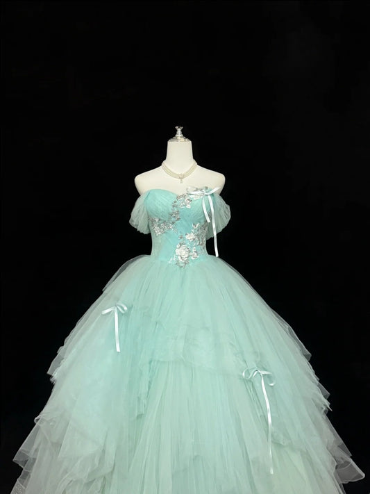 Mint Green Sweet 16 Dresses Long Ball Gown Off Shoulder Tulle Formal Sweet Sixteen Birthday Gown RC0240