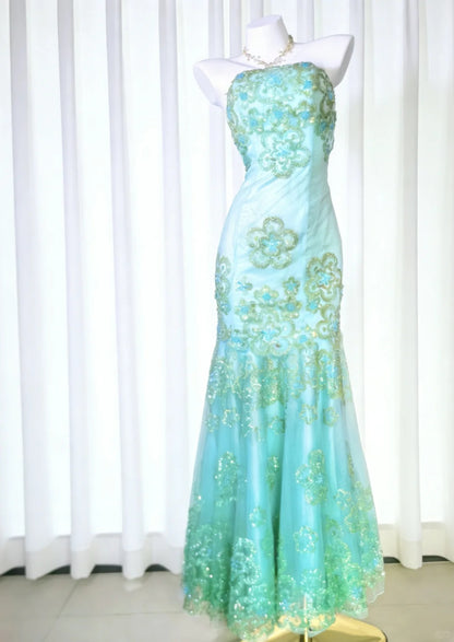 Jolies Robes de Bal Sirène bustier Vert Dentelle avec Perles Longue Robe de Cérémonie N3041