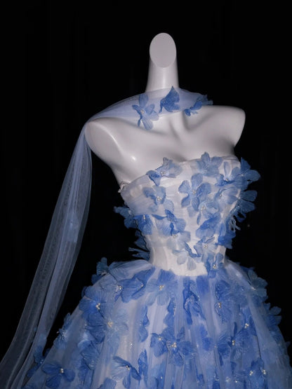 Ball Gown Strapless Blue Sleeveless With Applique Women's Dress Long Quinceanera Dresses Sweet 16 Birthday Quince Dress N1162