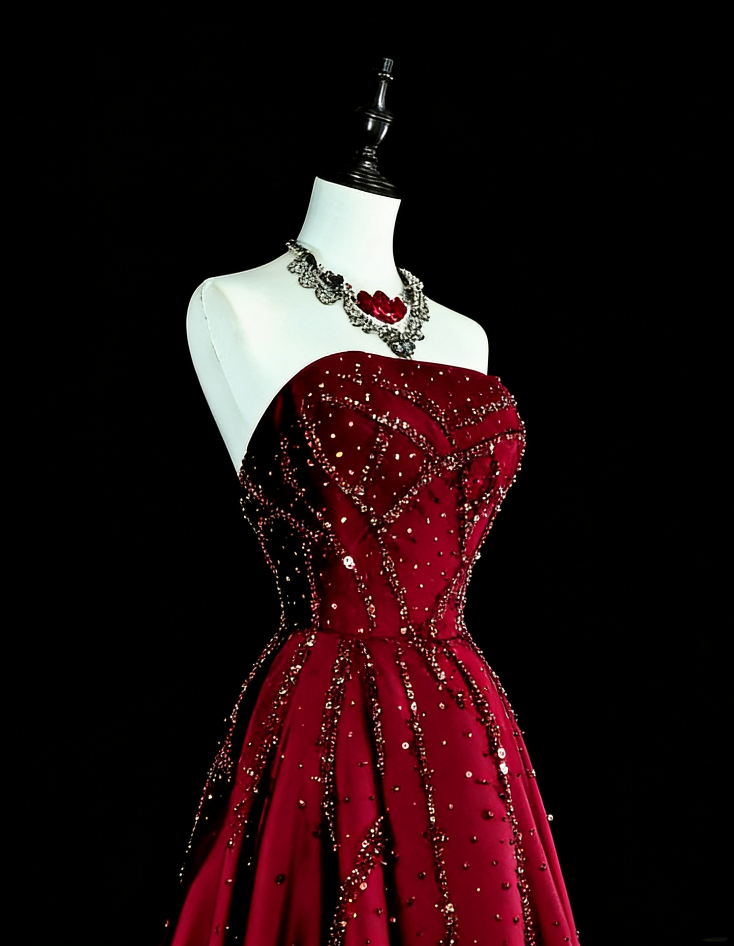 Robes de bal vintage, ligne A, bustier, tulle bordeaux avec corsage perlé, longue robe de soirée N2377