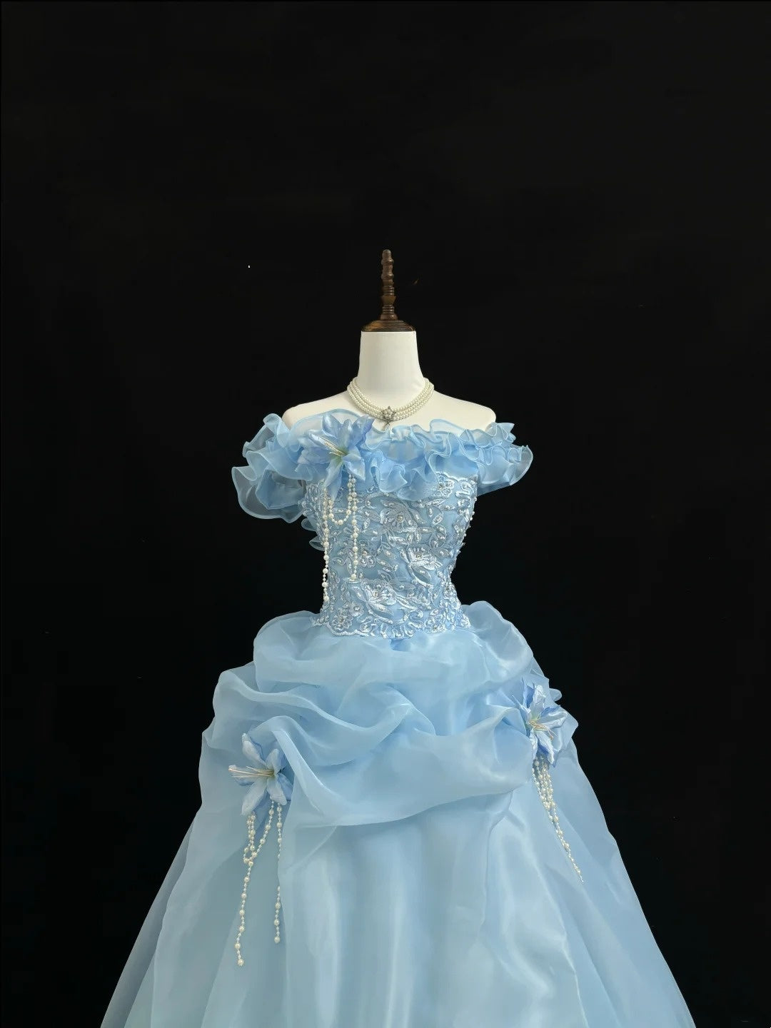 Blue Sweet 16 Dresses Long Ball Gown Off Shoulder With Ruffled Lace Sweet Sixteen Birthday Gown RC0229