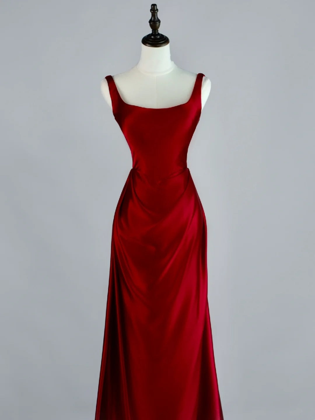 Robe de bal longue sirène en satin bordeaux à col carré, inspiration robe de princesse, robe de remise de diplôme N1086