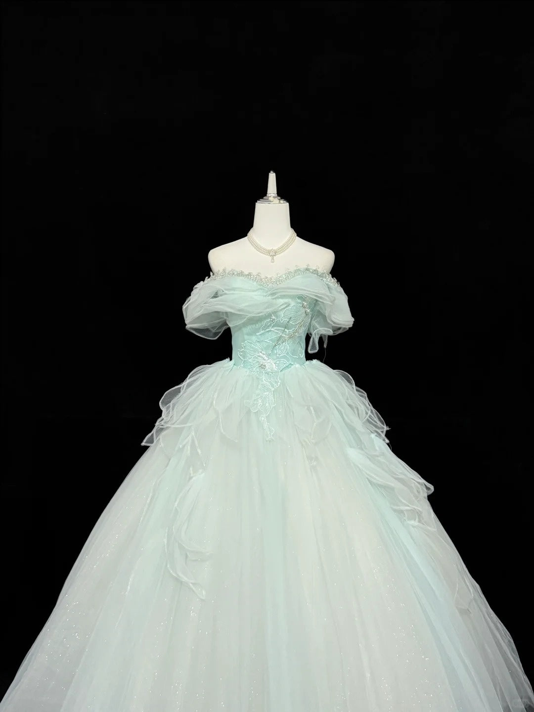 Tulle Prom Dress Long Floor Length Ball Gown Off Shoulder Mint Green With Sleeves Formal Evening Gown For Women RC0276