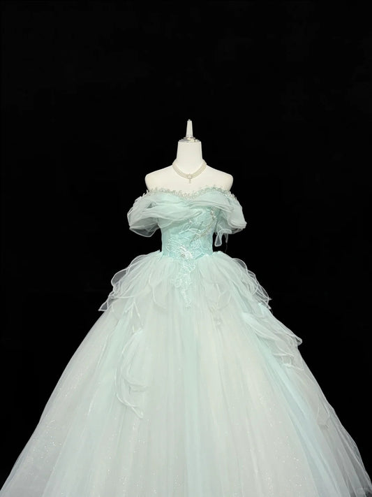 Tulle Prom Dress Long Floor Length Ball Gown Off Shoulder Mint Green With Sleeves Formal Evening Gown For Women RC0276