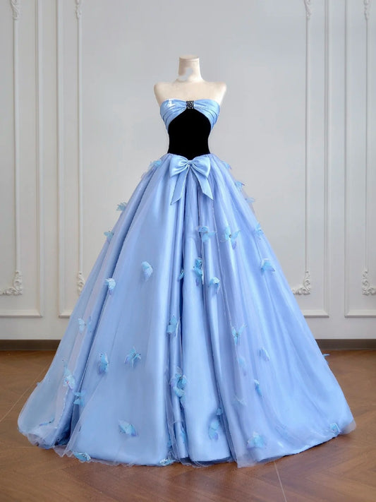 Zeitloses, trägerloses Ballkleid aus blauem Satin mit Schleife – Inspiration für lange Abendkleider und Partykleider N308