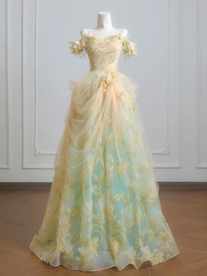 Robe de bal féérique à épaules dénudées en tulle vert à fleurs, longue robe de soirée formelle, robe d'anniversaire formelle, robe de bal N729