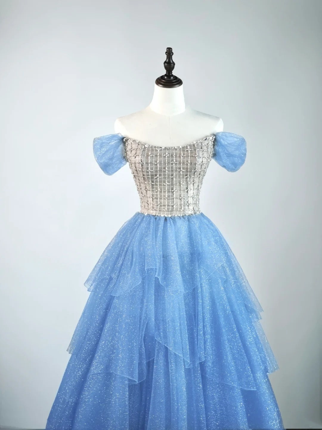 Robe de bal princesse à épaules dénudées en tulle bleu, tenue de soirée pour le lycée, robe de fin d'année pour adolescentes N1347
