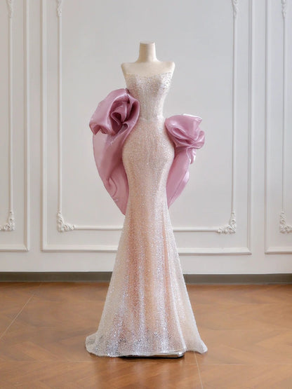Glamorous Mermaid Strapless Light Pink Sequin With Cape Prom Dresses Long Evening Formal Gown BirthdayParty Gowns N377