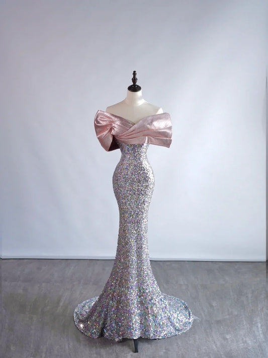 Robe de bal longue sirène à paillettes argentées, épaules dénudées, manches courtes, N685