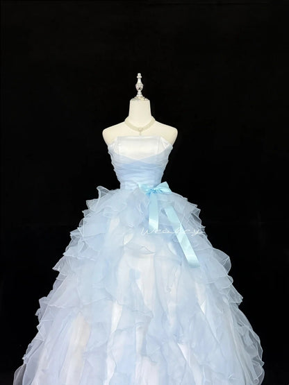 Light Sky Blue Prom Dress Long Floor Length Ball Gown Strapless With Tiered Layers Formal Evening Gown For Women RC0227