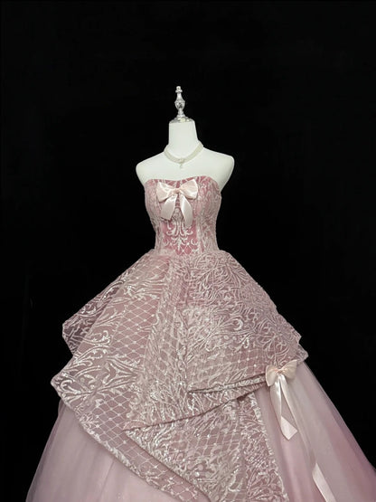 Sweet 16 Dresses Long Ball Gown Sweet Sixteen Long Birthday Dress Strapless Pink Sequin Formal Gown RC0319