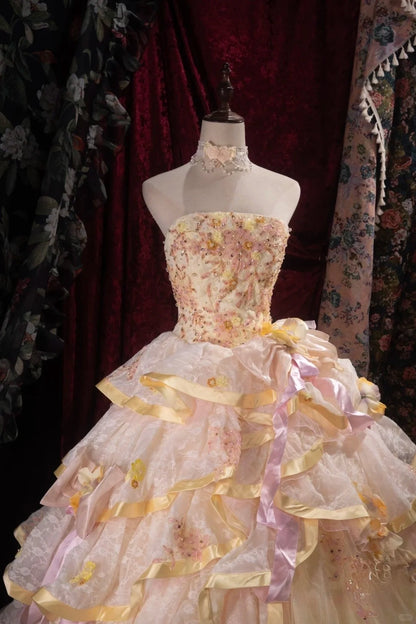 Süßes Ballkleid Trägerlos Gelb mit Applikationen Quinceañera Kleid Lang Sweet 15 16 Quinceanera Kleider Vestido de princesa RB4477