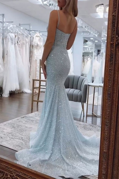 Shiny Blush Pink Sequins Mermaid Spaghetti Straps Long Beaded Prom Dress Party Gowns RB1672