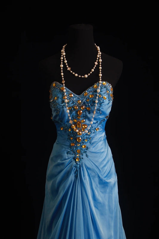 Vintage Ballkleider Meerjungfrau Sweetheart Blau Chiffon 80er Jahre Mit Rüschen Goldperlen Lang Formelle Abendgarderobe N4215