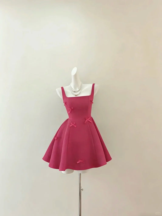 Cute Ball Gown Square Neck Hot Pink Satin Mini Short Cocktail Dress Homecoming Dresses Ideas Hoco Outfits RB4849