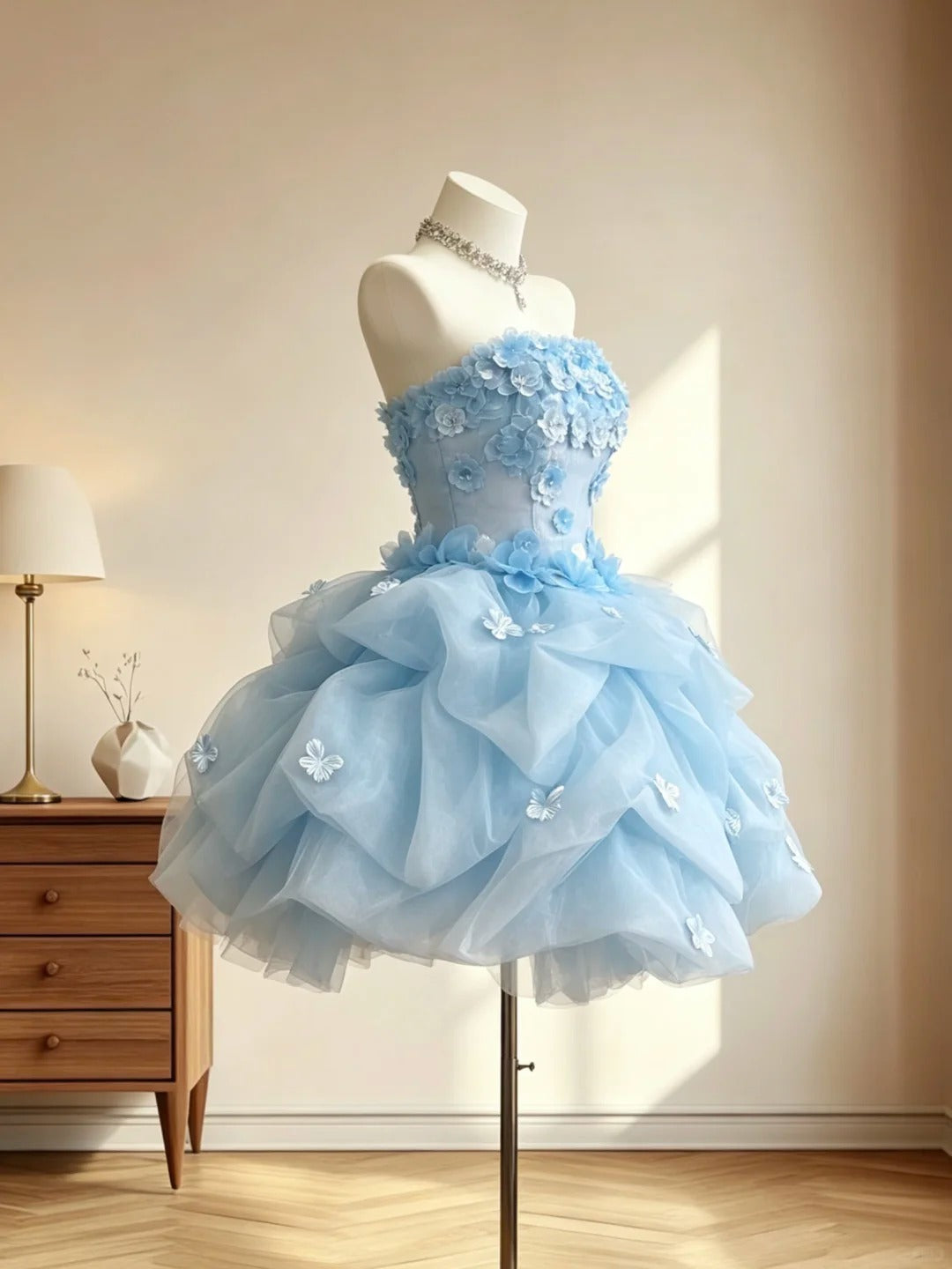 Élégante Robe de Bal bustier avec Fleurs 3D Sans Manches Bleue Mini Inspo Senior Robes Courtes de Rentrée RB3067