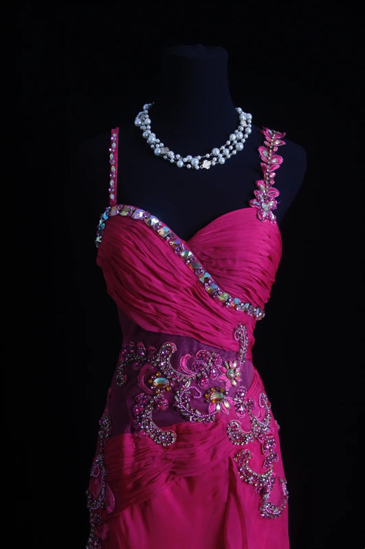 Glitzernde Meerjungfrauen-Abschlussballkleider mit Spaghettiträgern, heißrosa Chiffon mit Perlen, Abendkleid, langes Ballkleid RB3261