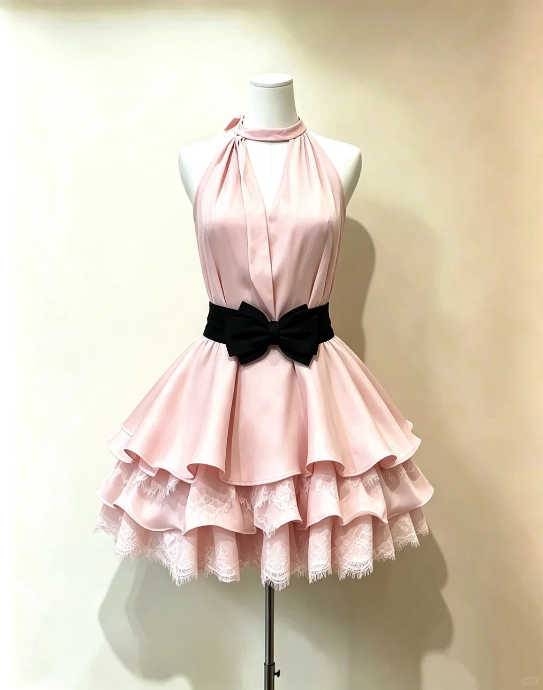 Cute A line Halter Chiffon Pink With Black Bow Graduation Dresses Inspo Senior Homecoming Outfits RB4720