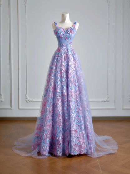 Robe de bal longue de soirée à bretelles spaghetti, coupe princesse, en tulle lilas fleuri, avec foulard intégré, référence N347