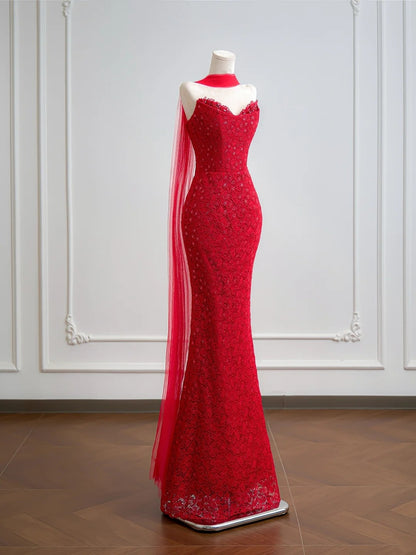 Romantisches Meerjungfrauen-Abendkleid aus roter Spitze mit Schal, langes Kleid, beeindruckendes Outfit zum 18. Geburtstag, Partykleid N395
