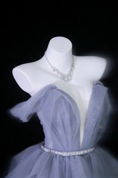 Modest Prom Dresses Ball Gown Off The Shoulder Dusty Blue Tulle With Sleeves Long Quince Dress N2970