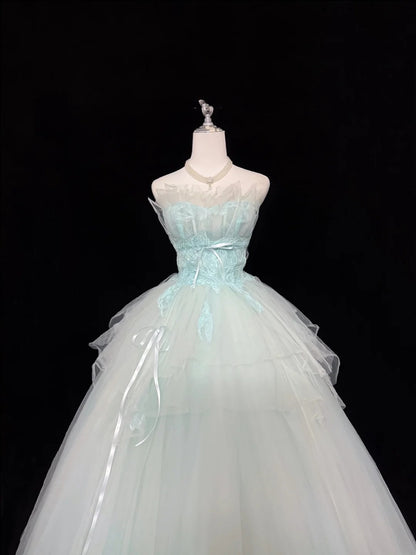 Sweet 16 Dresses Long Ball Gown Sweet Sixteen Long Birthday Dress Strapless Blue Tulle Formal Gown RC0284