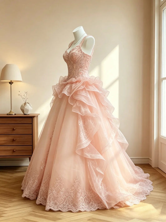 Charming Ball Gown Sweetheart Pink Tulle With Appliqued Long Sleeveless Evening Formal Dress RB3071