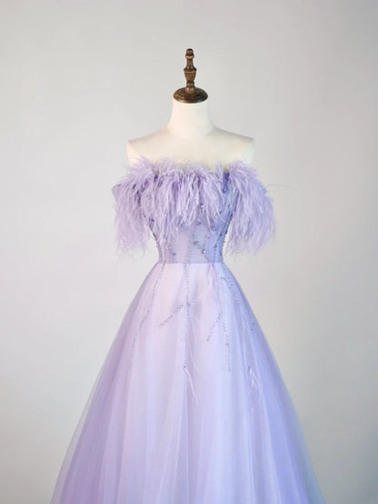 Robe de bal bustier en tulle lilas ornée de plumes, robe longue de soirée élégante et tendance pour le lycée, tenue de fête, robe de bal N678