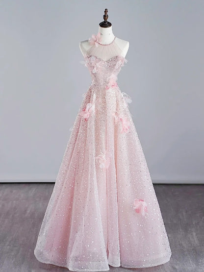 Robe de bal rose à sequins, coupe trapèze, col rond, inspiration princesse, modèle N758