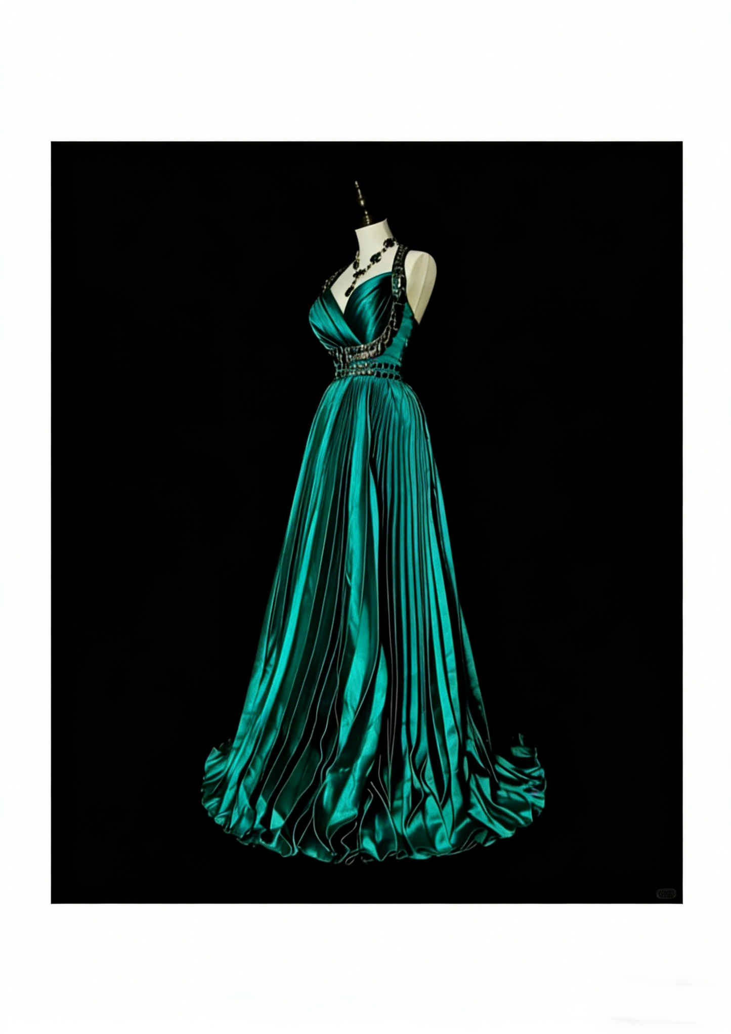 Robe de bal vintage années 70, coupe trapèze, dos nu, en satin vert à volants et perles, sans manches, longue, N1479